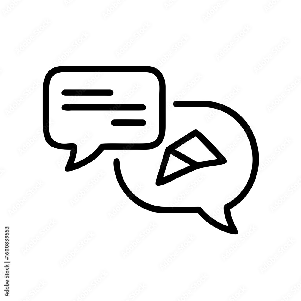 Fototapete outline illustration showing two speech bubbles one with text lines and one with a paper airplane ic