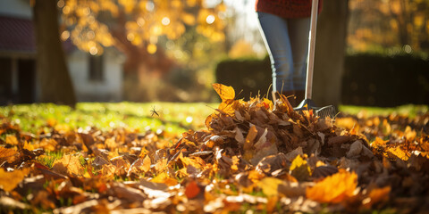 Woman rakes fallen leaves.