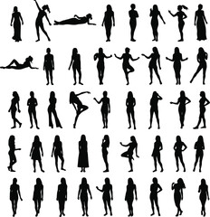 Silhouette of Diverse Women in Various Poses and Actions, Dynamic Black Vector Collection for Creative Design Projects, Active Lifestyle and Body Movement Studies, Fashion Illustration Resource.