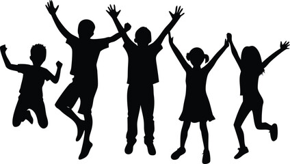 Fototapeta premium Silhouette of Five Jumping Children with Raised Arms Against a White Background, Celebration and Joy