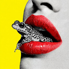 Abstract Red Lips Holding Green Frog Surreal Nature Concept

