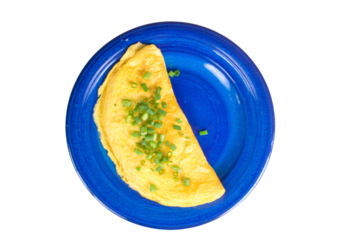 a blue plate with an omelet on it