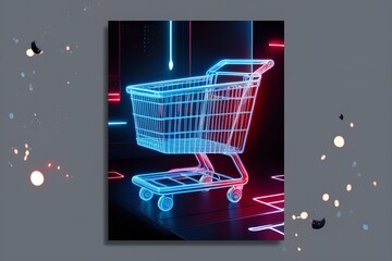 Glowing neon supermarket shopping cart with tag sign on a dark brick wall background. Luminous advertising signboard. Neon light effects store basket