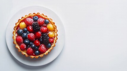 Colorful Fresh Fruit Tart with Kiwi, Berries, and Peach Slices on White Background