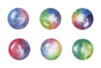 Large set of watercolor iridescent water bubble with highlights round spherical transparent balls hand drawn red blue purple green turquoise