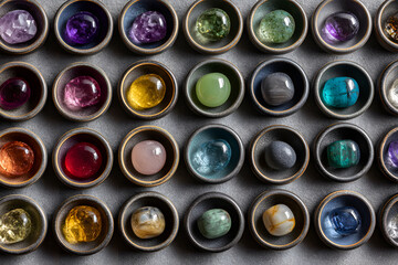 Vibrant collection of polished gemstones in small bowls, showcasing natural beauty