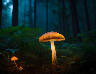 mushroom in the jungle, glowing mushroom in the night background, mushroom in the forest