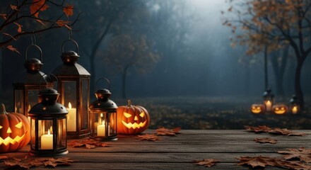 Spooky Halloween Night Scene With Jack O Lanterns And Lanterns