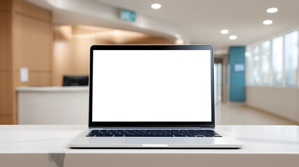 Modern laptop with blank white screen placed on hospital reception counter. Ideal for medical app mockups, healthcare UI, or telemedicine visuals. Clean and professional setting.