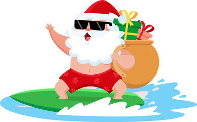 Summer Santa Claus Surfing With Gift Bag On Green Surfboard - Vector Illustration Flat Design Isolated On Transparent Background