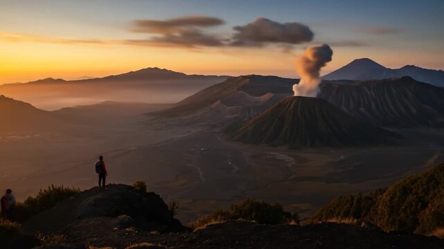 Majestic Mount Bromo: Hiker's Sunrise Vista Over Volcanic Landscape Adventure