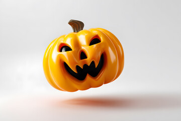3D plastic Halloween pumpkin with creepy carved face on white background. Ideal for spooky-themed visuals, toy design, or party decor mockups. Fun and slightly eerie seasonal object.