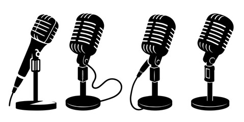 Minimalist black silhouette vector or illustration of a microphone for stage or podcast on white background