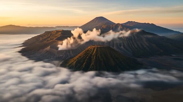 Majestic Sunrise Over Indonesian Volcanoes, Misty Peaks