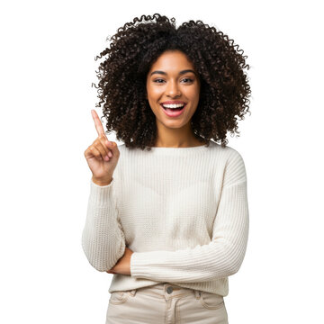 Smiling woman points up isolated on transparent background