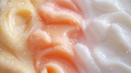 Creamy skincare product texture featuring white, peach, and yellow swirls for beauty concepts