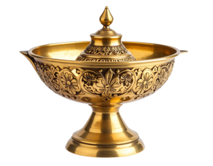 Traditional Indian brass oil lamp with floral carvings, isolated on a transparent background