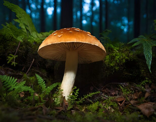 mushroom in the jungle, glowing mushroom in the night background, mushroom in the forest