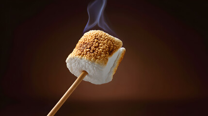 Single roasted marshmallow over open flame on a stick, glowing softly. Captures the essence of National S’mores Day and nostalgic summer evenings by the fire.