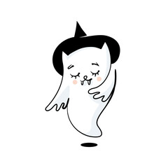 A cute ghost character wearing a witch hat dances joyfully. Its cheerful expression and playful posture create a whimsical and lighthearted atmosphere suitable for festive occasions