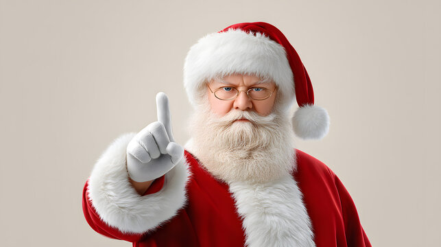 Santa Claus pointing at viewer with serious expression. A humorous and attention-grabbing image perfect for holiday campaigns or seasonal calls to action.
