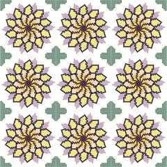 Cross-stitch floral seamless pattern with yellow and purple petals, geometric grid background. Vintage needlework-inspired textile design, perfect for fabric, wrapping, and wallpaper.