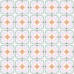 Pastel cross-stitch seamless tile pattern with floral motifs. Delicate embroidery-inspired design in pink and peach, great for scrapbooking, digital papers, and fabrics.