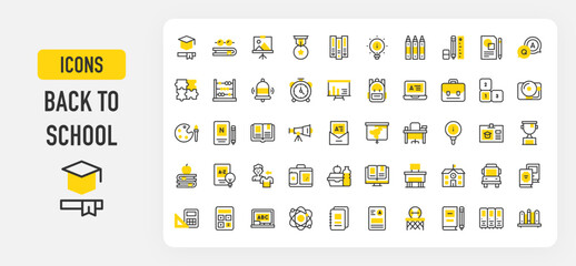 Back to School icons. Computer, Get Dressed, Student Card, Calculator, World Map, Light Bulb, Puzzle, Suitcase, Stack Of Books, Teacher Desk, Test vector stroke illustration.	
