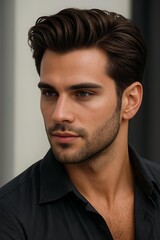 Obraz premium Confident Man Flaunts Stylish Modern Haircut with Perfect Fade Lines