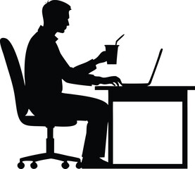 Silhouette of Man Using Laptop with Drink in Office Chair at Desk