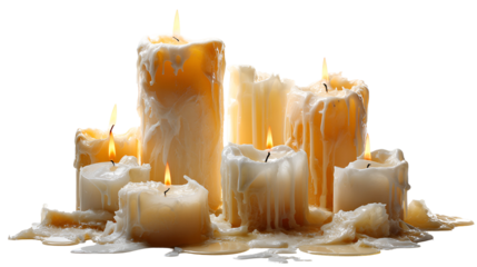 Melted candles burning brightly dark background