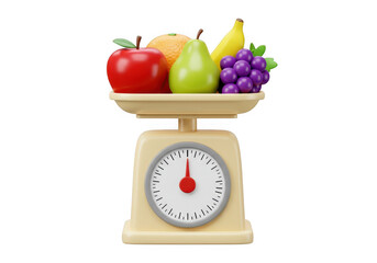 3D kitchen scale with fresh fruit isolated on transparent background