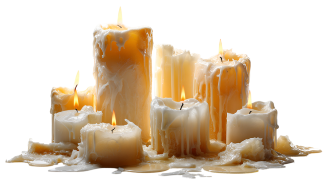 Melted candles burning brightly dark background