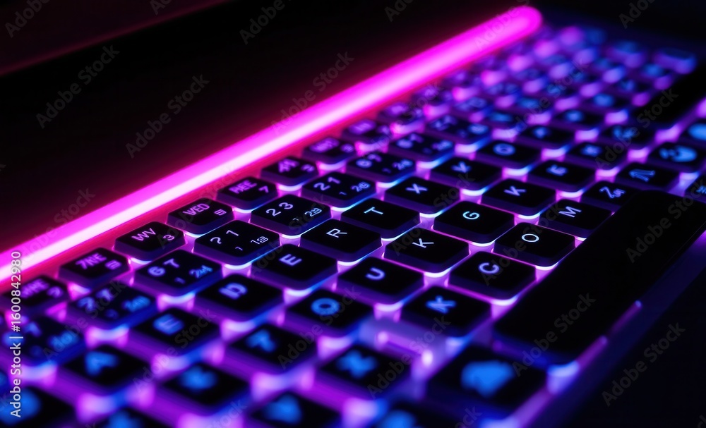 Fototapete Illuminated computer keyboard featuring keys lit up in alternating blue and pink hues Vibrant Rim Light technology vibrant background colorful modern