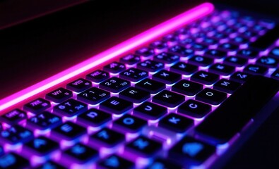 Illuminated computer keyboard featuring keys lit up in alternating blue and pink hues Vibrant Rim Light technology vibrant background colorful modern