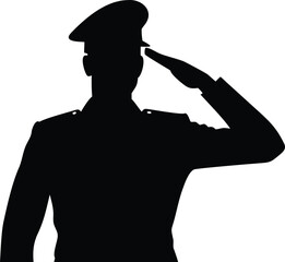 Silhouette of Saluting Soldier in Uniform, Cap, Showing Military Respect and Gratitude