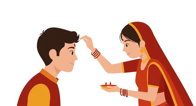 Bhai Dooj, tika sister applying a tilak on her brother's forehead, symbolizing a traditional Indian festival ritual celebrating the bond between siblings with love and cultural significance.