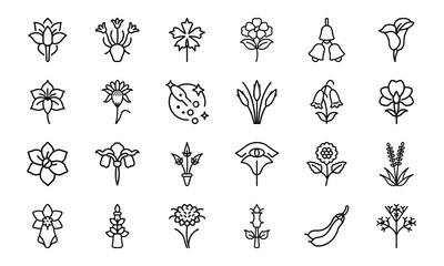 Collection of 24 Minimalist Flower and Botanical Icons in Black Line Art Style on White Background – Simple, Elegant Silhouette Floral Vector Set for Nature, Garden, Spa, Organic, and Eco Design Proje