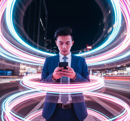 A Young Asian Businessman Uses A Smartphone While Standing In A Trail Of Flowing Light Artificial Intelligence Concept Neon Light Long Exposure