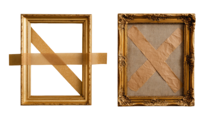 Two antique gold picture frames, one with diagonally placed brown tape, the other with a cross-shaped tape