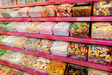 A wide variety of jelly candies on the counter.