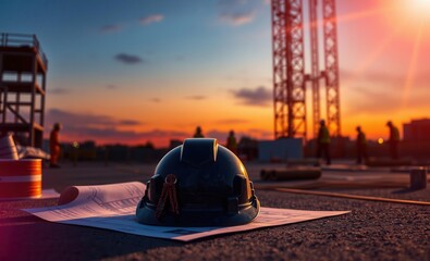 Construction site at sunset with safety helmet and blueprints workers in background vibrant lighting enhances the scene Vibrant Rim Light technology vibrant background colorful modern