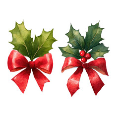 Two Christmas holly sprigs adorned with red bows and berries