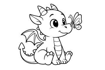 Cute Baby Dragon and Butterfly Friendship Isolated Vector Coloring Page