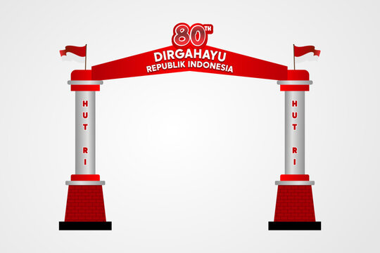 Indonesian Independence Day 80th Celebration Gate Vector &ndash; Red and White Arch with Bamboo Decoration