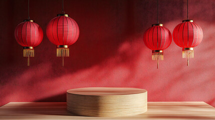 3d render of a festive Chinese New Year Celebration, with a luxurious red and gold podium display with paper lanterns .background for advertising, promotional poster or flyer. 3d illustration.
