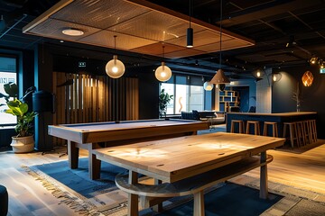 Modern recreation lounge with pool table, wooden furniture, and stylish lighting design