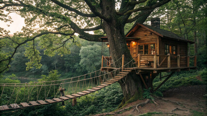 Rustic, wooden treehouse nestled among the branches of a large, mature tree in a lush, green forest.