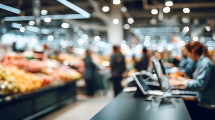 Obraz premium Blurred image of a supermarket interior with people and produce displays.