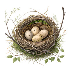 Bird Nest with Eggs in Soft Natural Tones Isolated on White Background